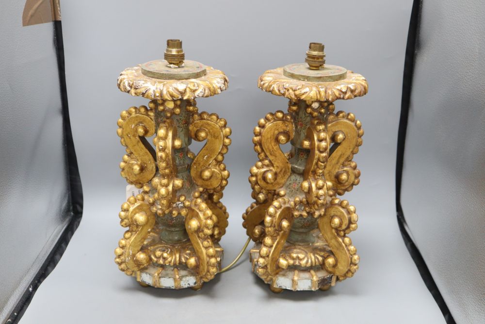 A pair of Italian late 19th / early 20th century giltwood, painted and mirrored table lamps, c.1900, height 40cm